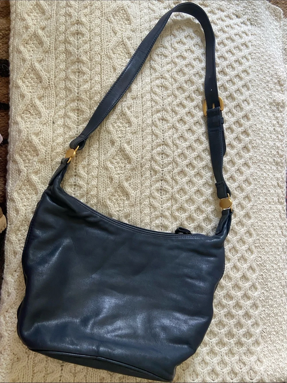 Etienne Aigner Navy Blue Leather Hobo Bag with Gold Hardware
